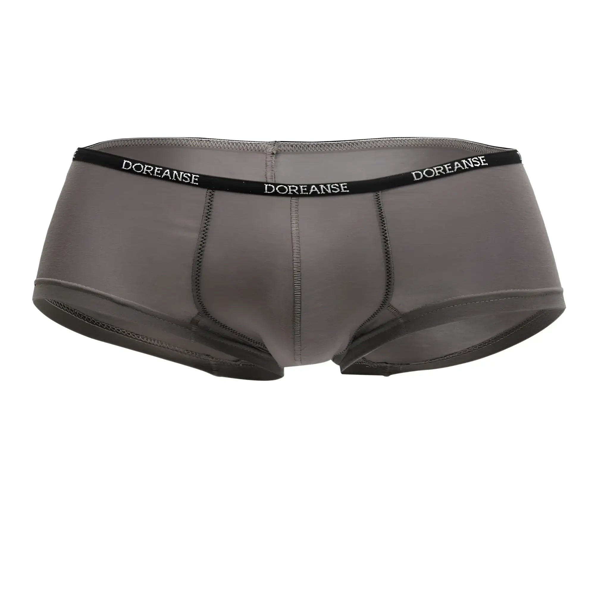 Gray doreanse 1781-SMK naked mini trunk briefs in smoke color with black waistband and white logo lettering