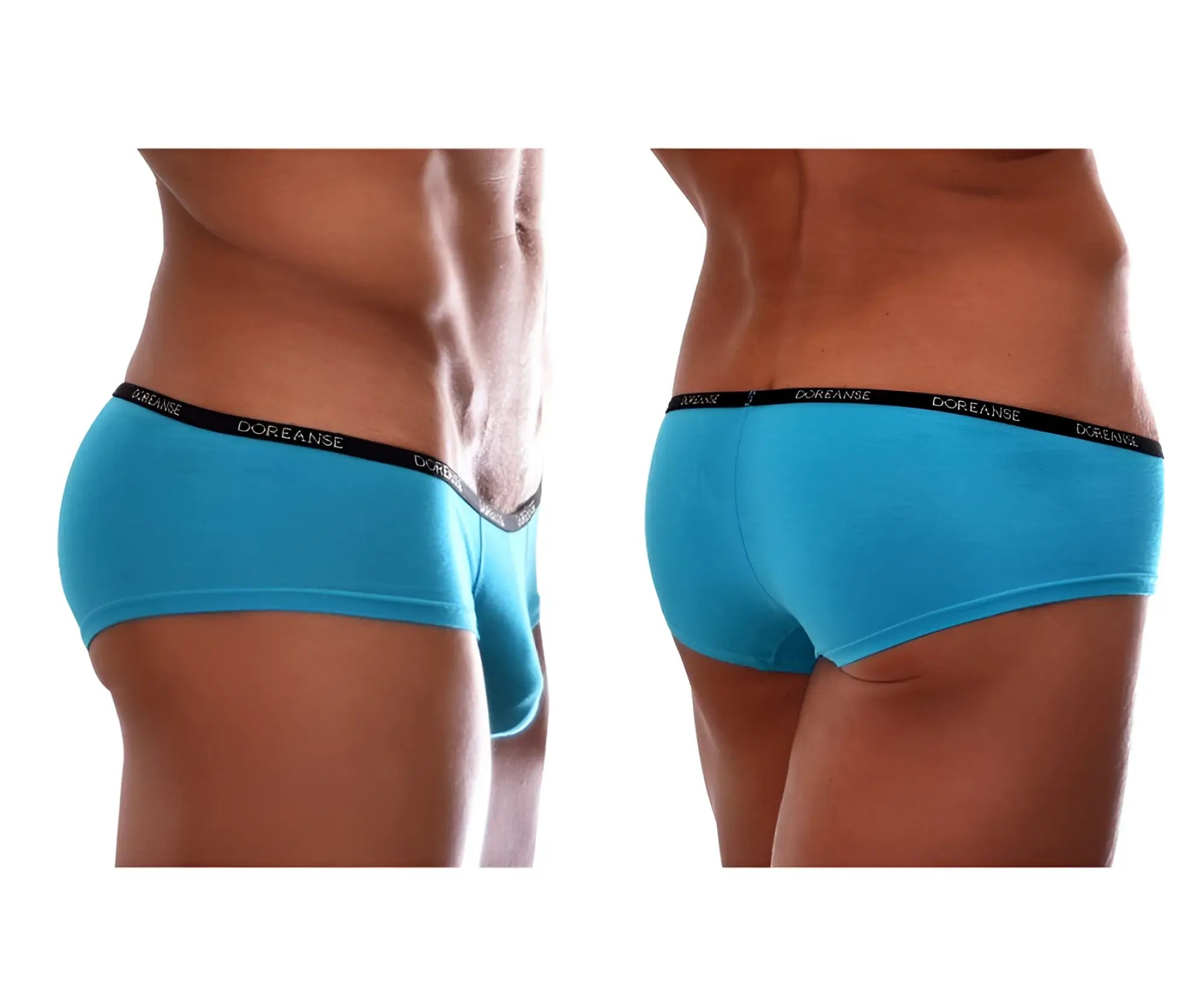 Bright blue doreanse 1781-trq naked mini trunk briefs with black elastic waistband and white brand name lettering