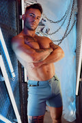Light blue denim Down Low shorts with button closure and side pockets in slate blue for casual wear