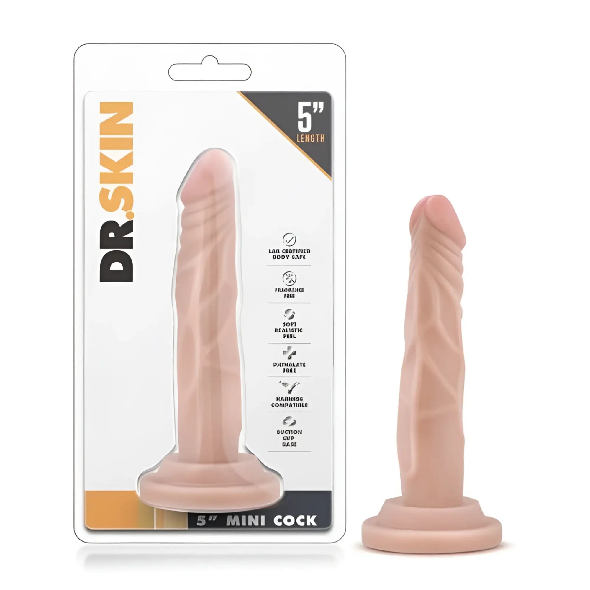 Dr skin 5in mini cock beige flexible silicone sex toy for realistic intimate use shown from the back side