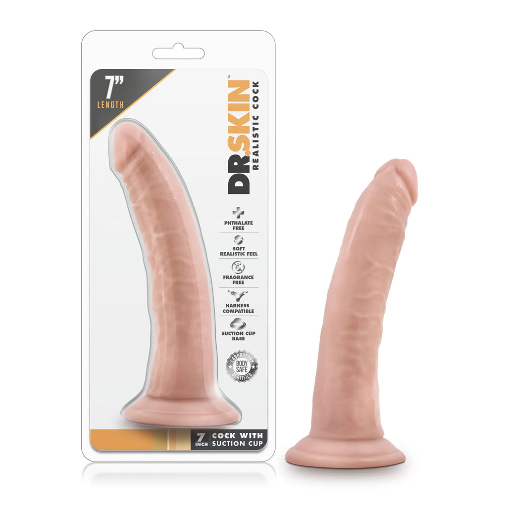 Dr Skin 7 inch peach-colored silicone realistic cock with suction cup base for hands-free use