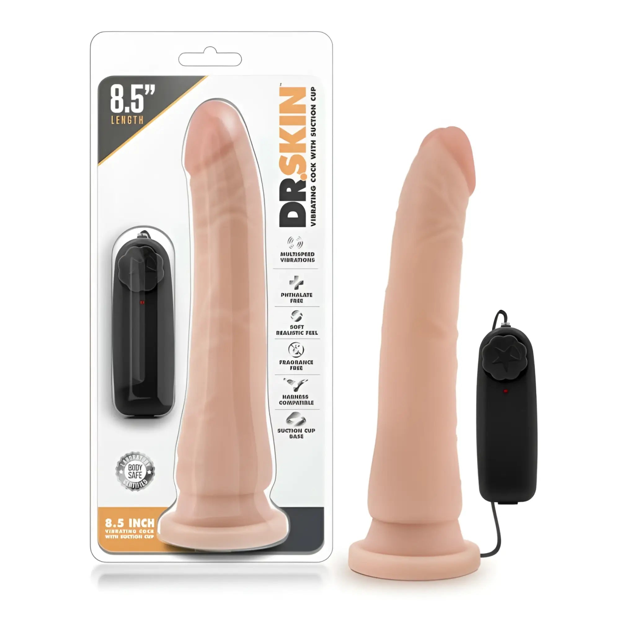 Dr skin 8.5 inch vibrating realistic cock in vanilla color with suction base for hands free use