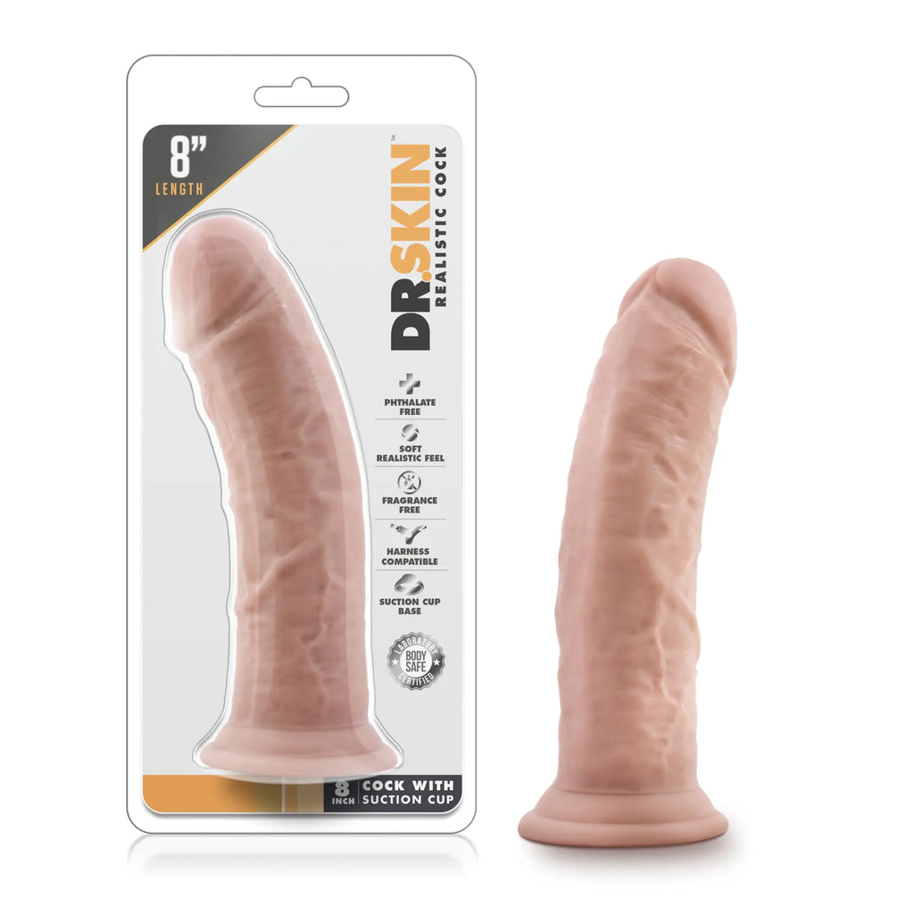 Dr skin 8in vanilla cock with suction cup made of realistic material for hands-free use