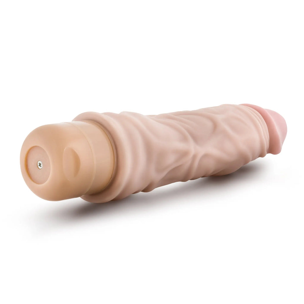 Beige silicone dr skin cock vibe 10 8.5 inch vibrating cock with textured surface and rounded ends
