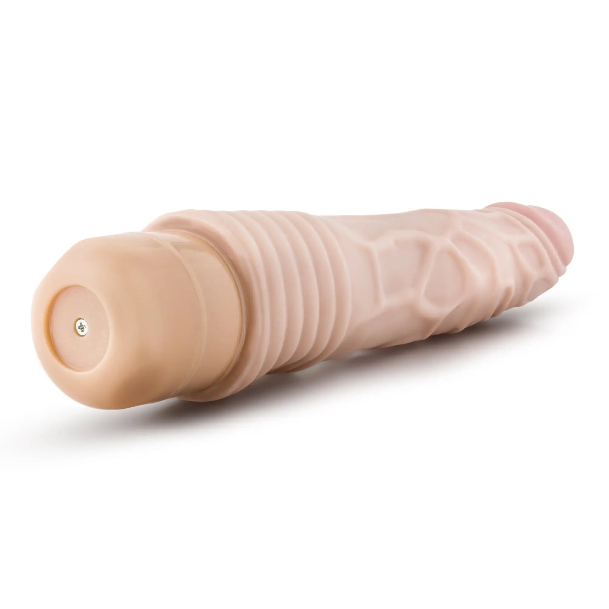 Beige silicone dr skin cock vibe 2 9in vibrating cock with ribbed textured surface and rounded ends