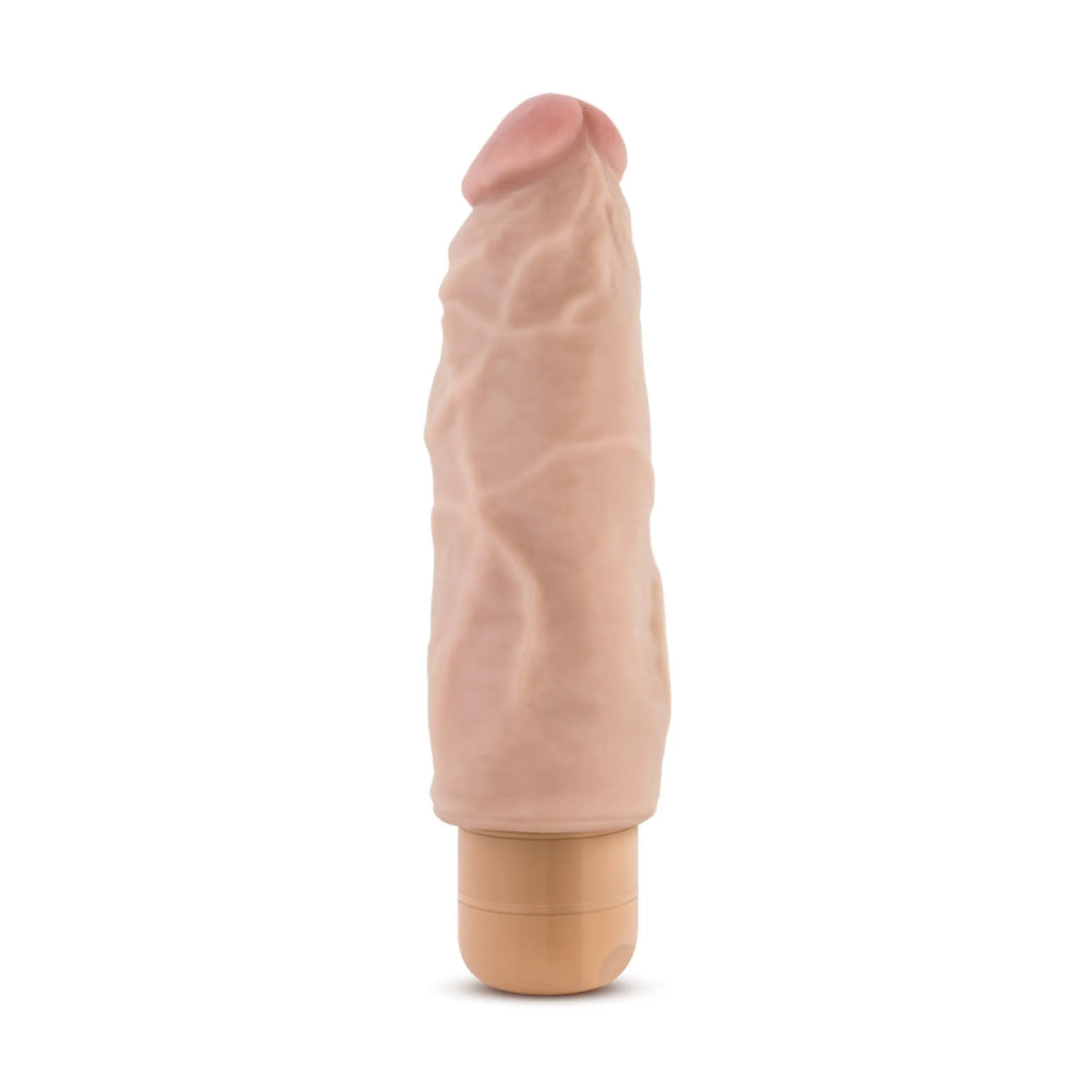 Beige silicone dildo with textured surface and wooden base from dr skin cock vibe 9 7.5in vibrating cock beige