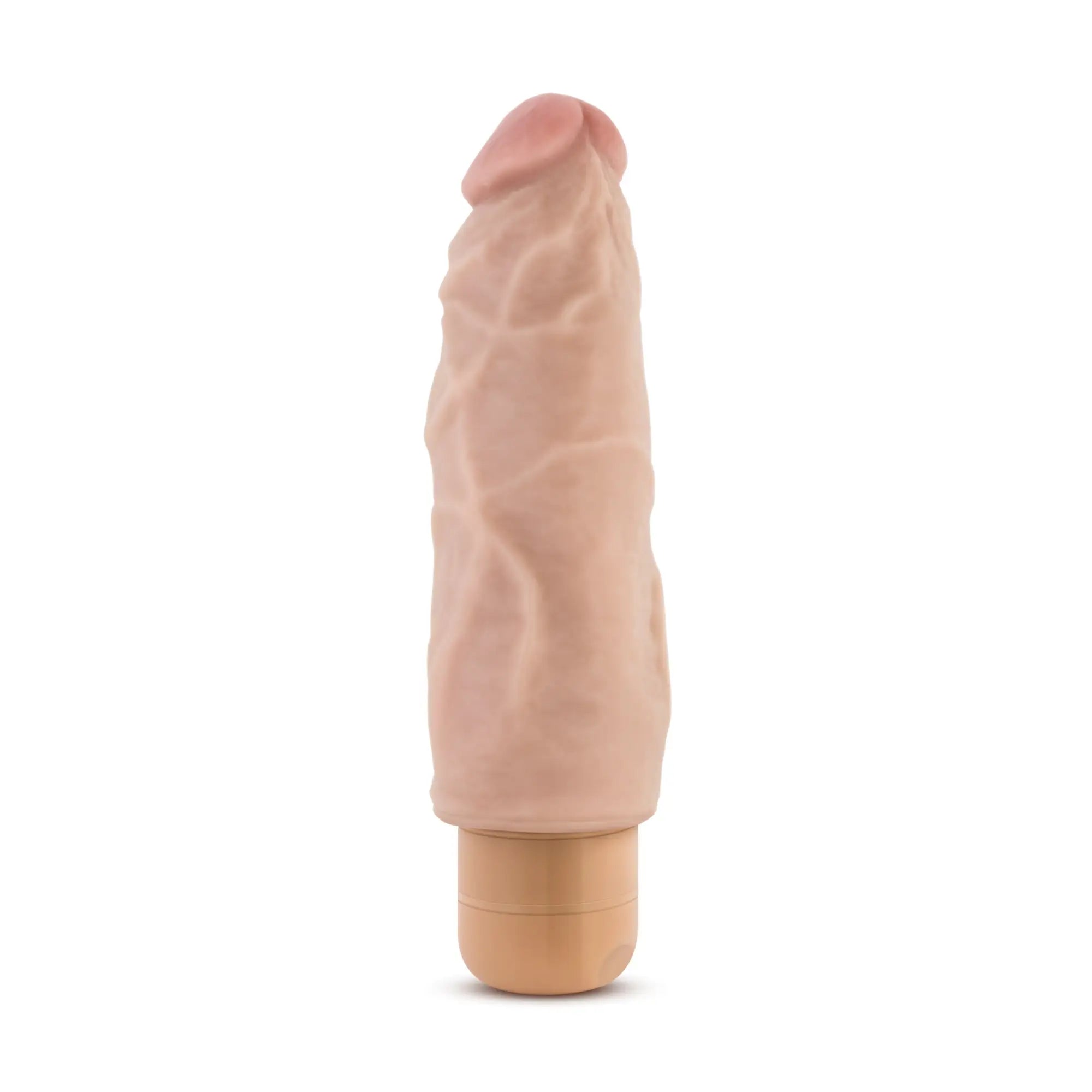 Beige silicone dildo with textured surface and wooden base from dr skin cock vibe 9 7.5in vibrating cock beige