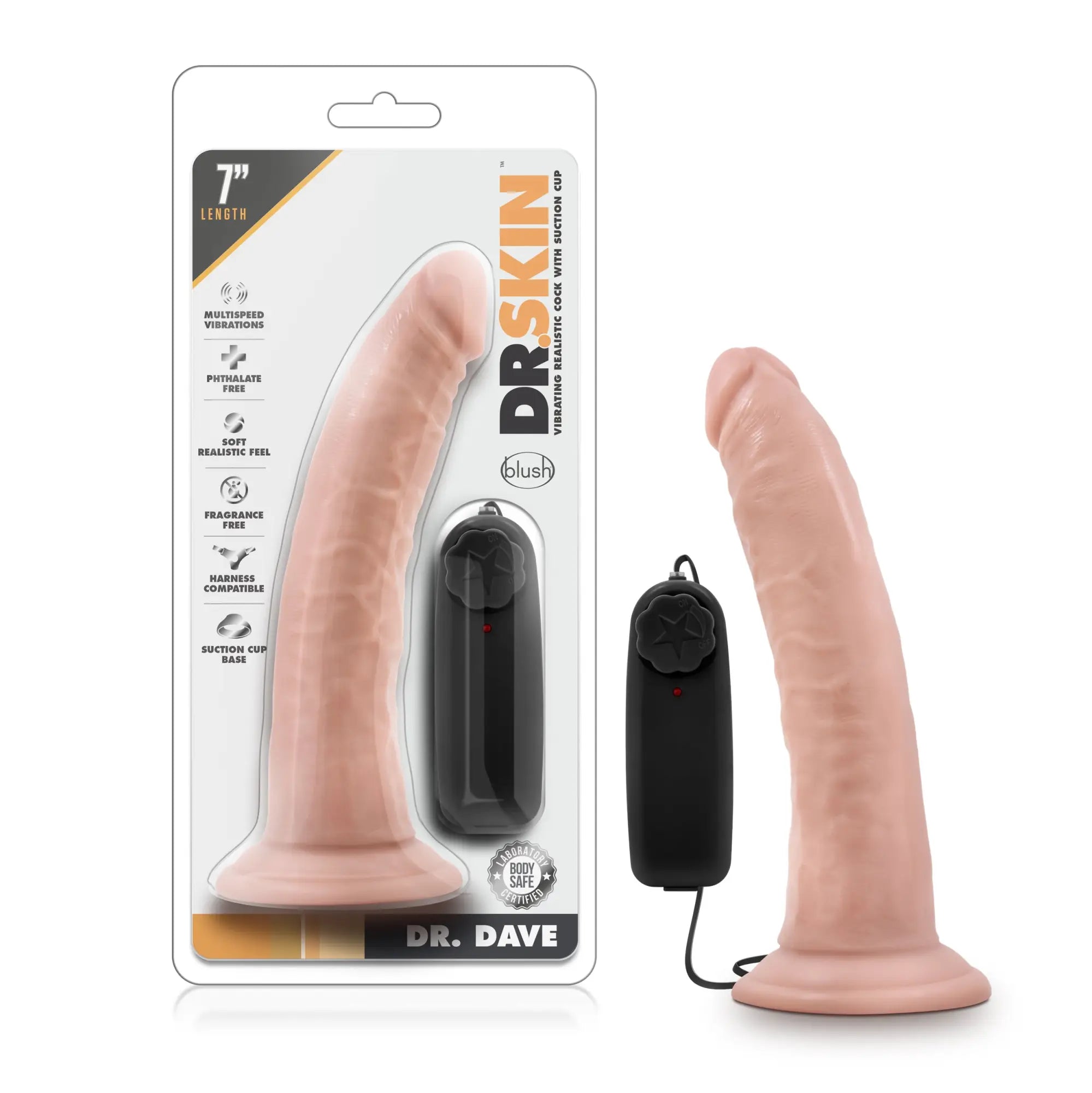 Pink silicone vibrating cock with suction cup base and black remote control from dr skin dr dave vanilla collection