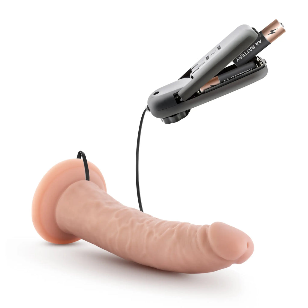 Pink silicone 7-inch vibrating dildo with black cord and gray battery pack from Dr Skin Dr Dave vanilla edition