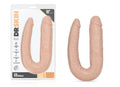 Beige silicone dual-ended dildo with realistic texture and Dr Skin branding on packaging for double vanilla use