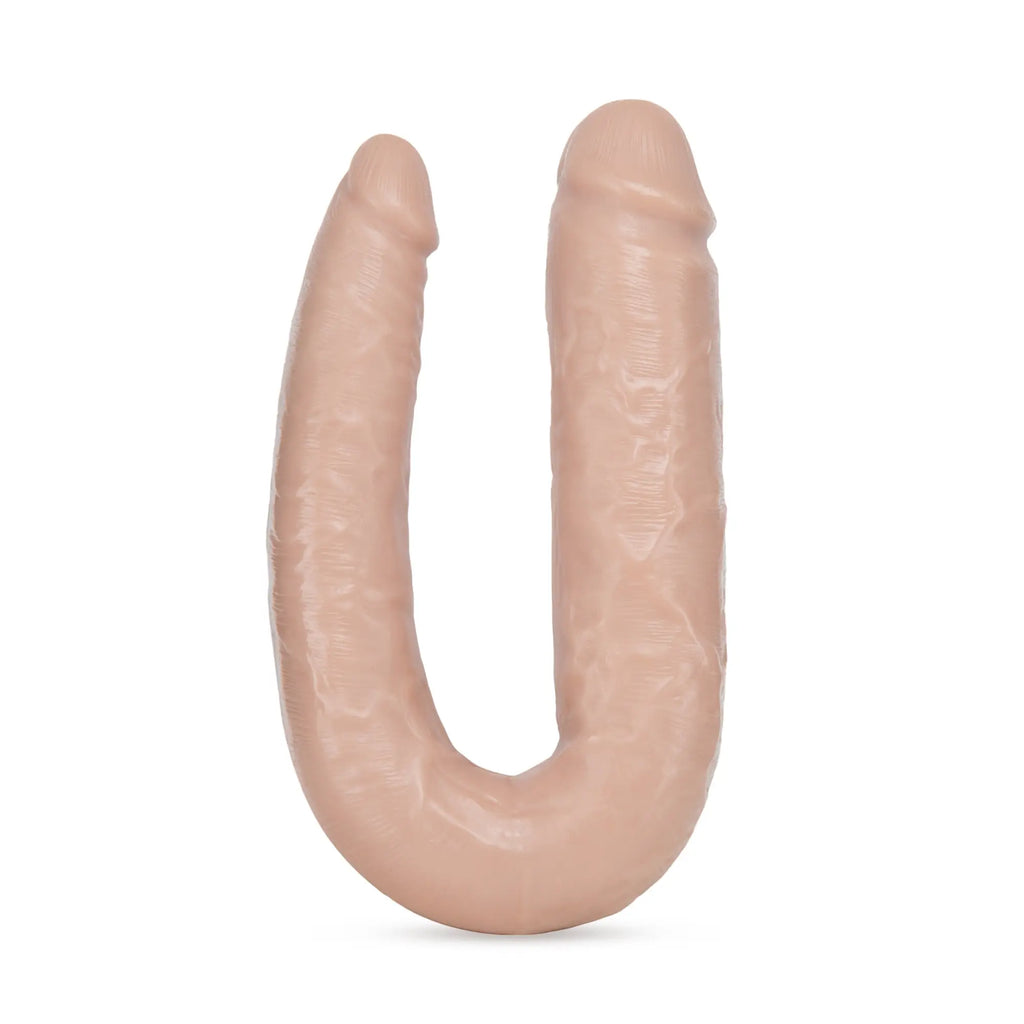 Beige silicone u-shaped dual-ended dildo with textured surface from dr skin dr double vanilla collection