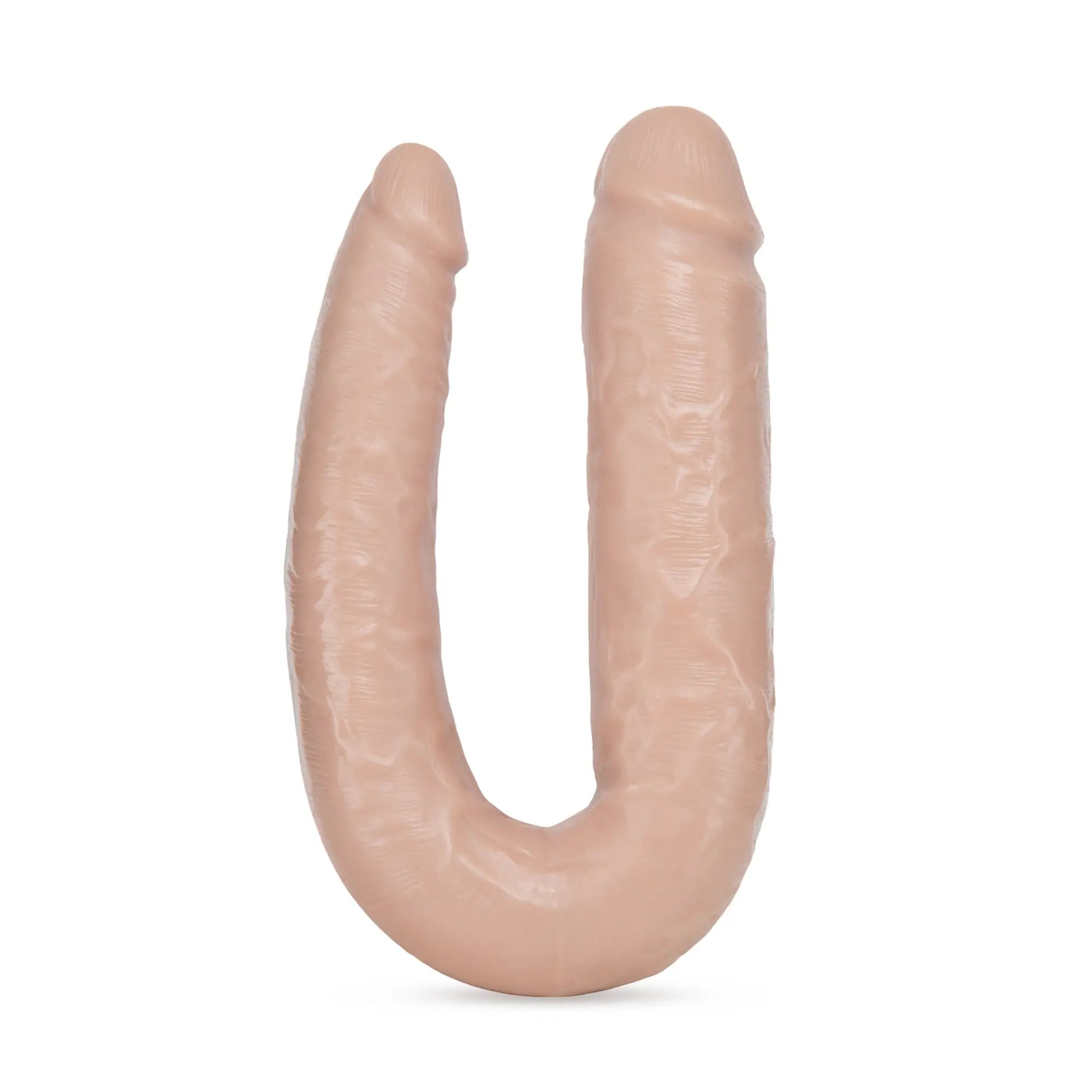 Beige silicone u-shaped dual-ended dildo with textured surface from dr skin dr double vanilla collection