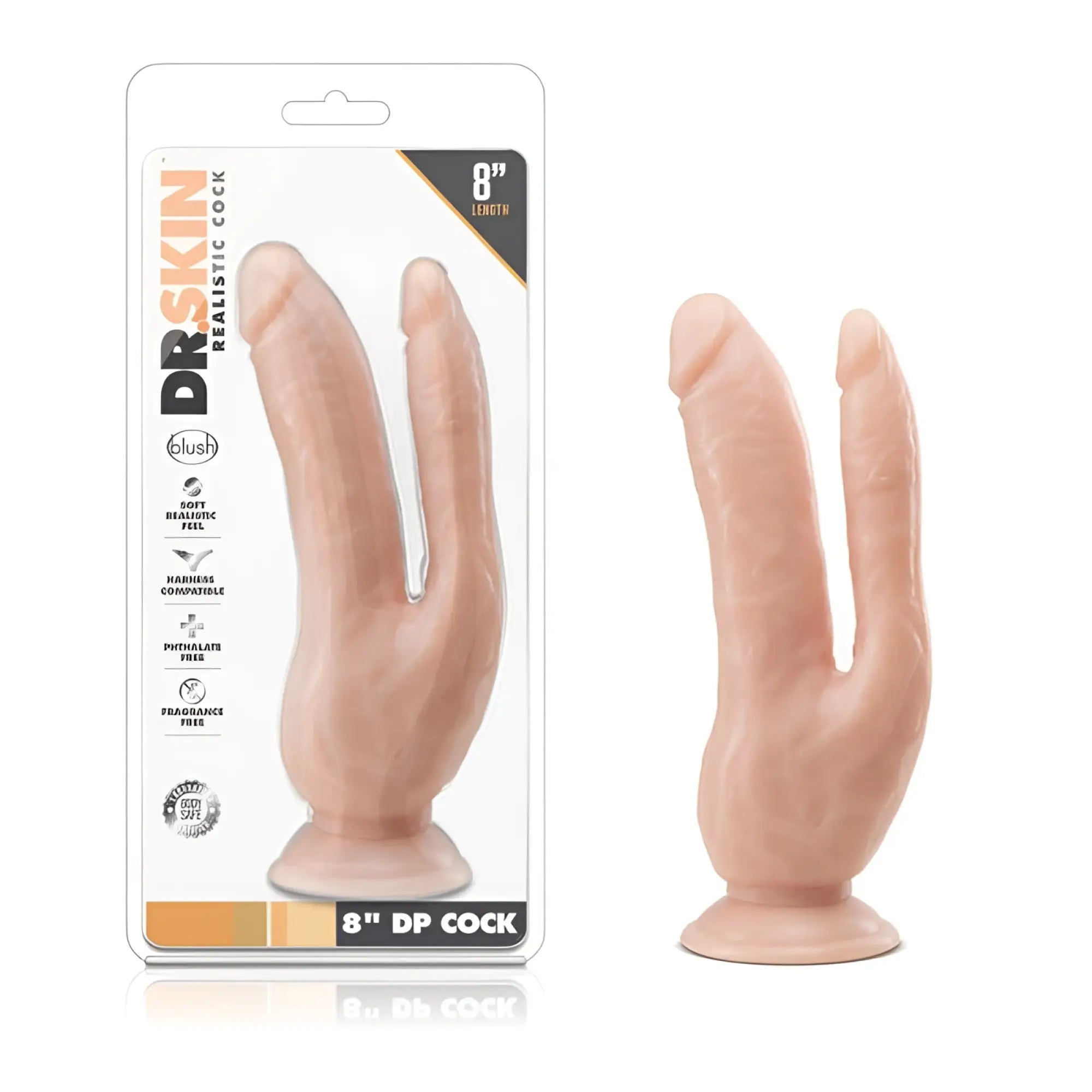 Dr skin dp cock 8in 8-inch realistic silicone dildo in natural skin tone for intimate use