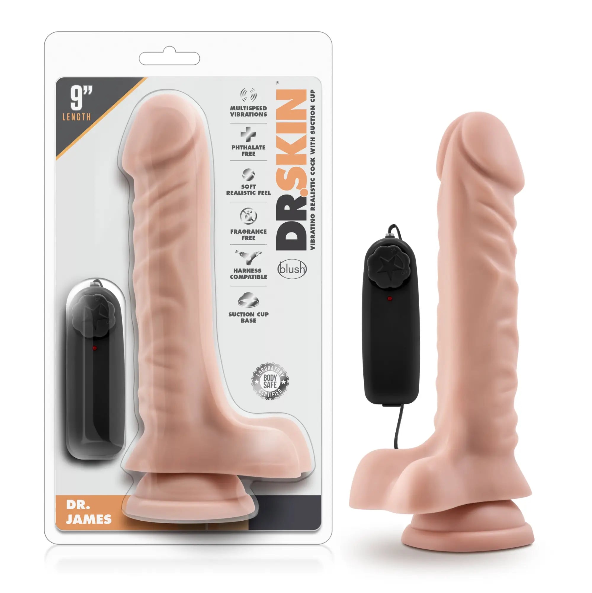 Pink silicone vibrating cock with suction cup base and black remote control from dr skin dr james 9in vanilla