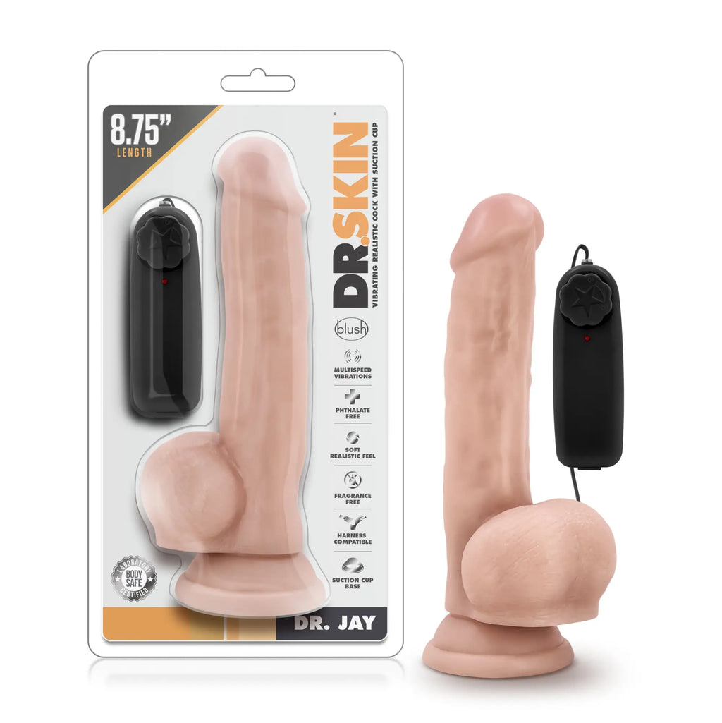 Dr Skin dr jay 8.75in pink silicone vibrating cock with suction cup base and black remote control vanilla color