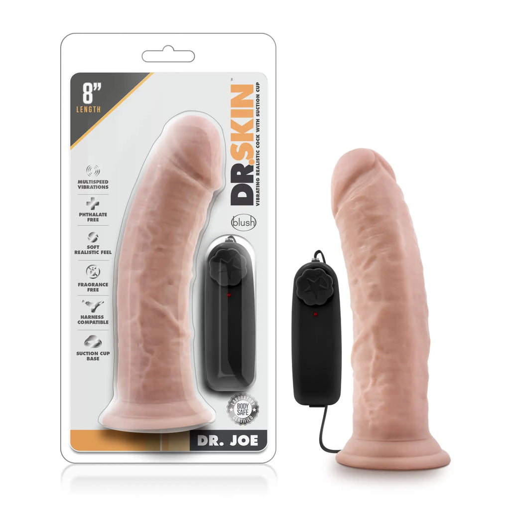 Pink silicone vibrating cock with suction cup base and black remote control branded dr skin dr joe vanilla