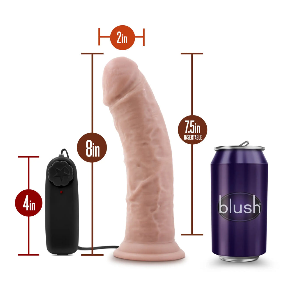 Pink silicone dr skin dr joe 8in vibrating cock with suction cup and black remote shown with purple can for scale