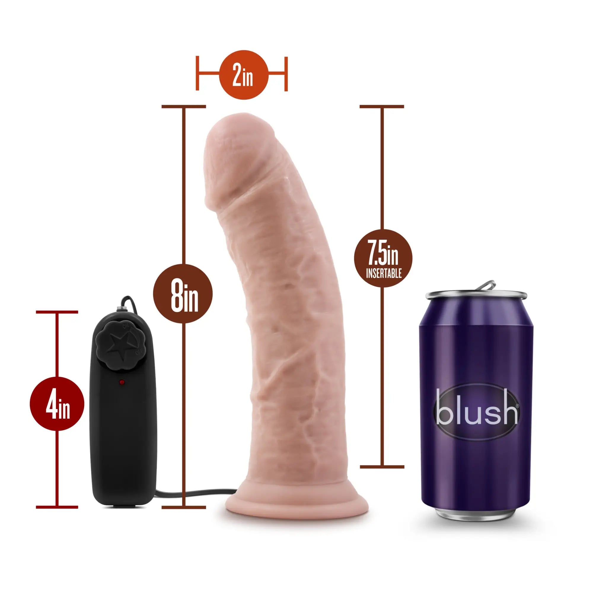 Pink silicone dr skin dr joe 8in vibrating cock with suction cup and black remote shown with purple can for scale