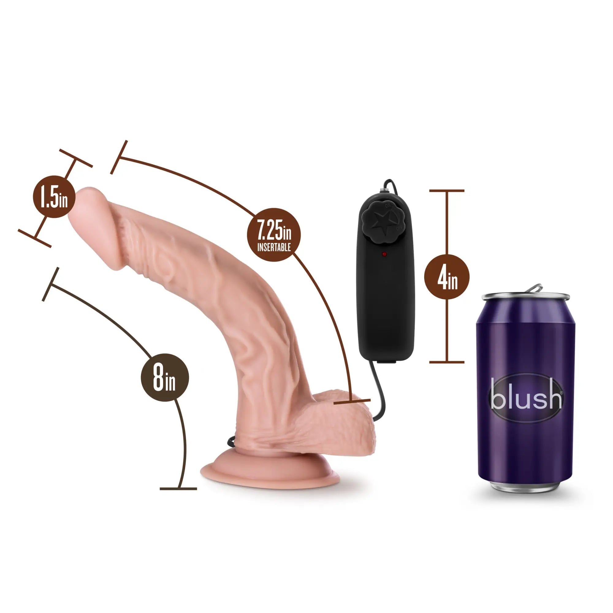 Pink silicone 8in vibrating cock with suction cup and black remote next to purple can for scale by Dr Skin