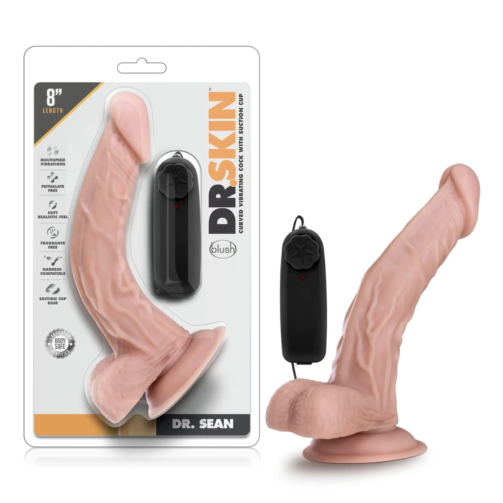 Dr Skin Dr Sean 8in pink silicone curved vibrating cock with suction cup base and black remote control vanilla