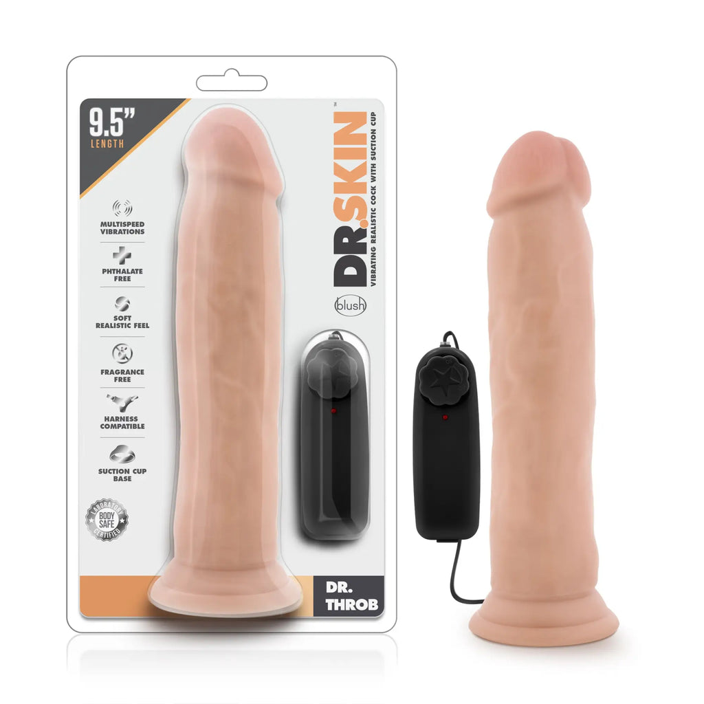 Pink silicone vibrating realistic cock with suction cup base and black remote from dr skin dr throb vanilla edition