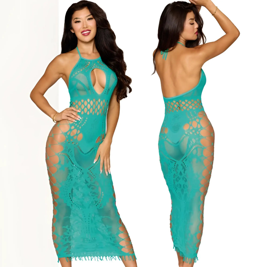Teal sheer lace Dreamgirl Agate bodystocking gown with halter neckline and intricate cut-out patterns one size