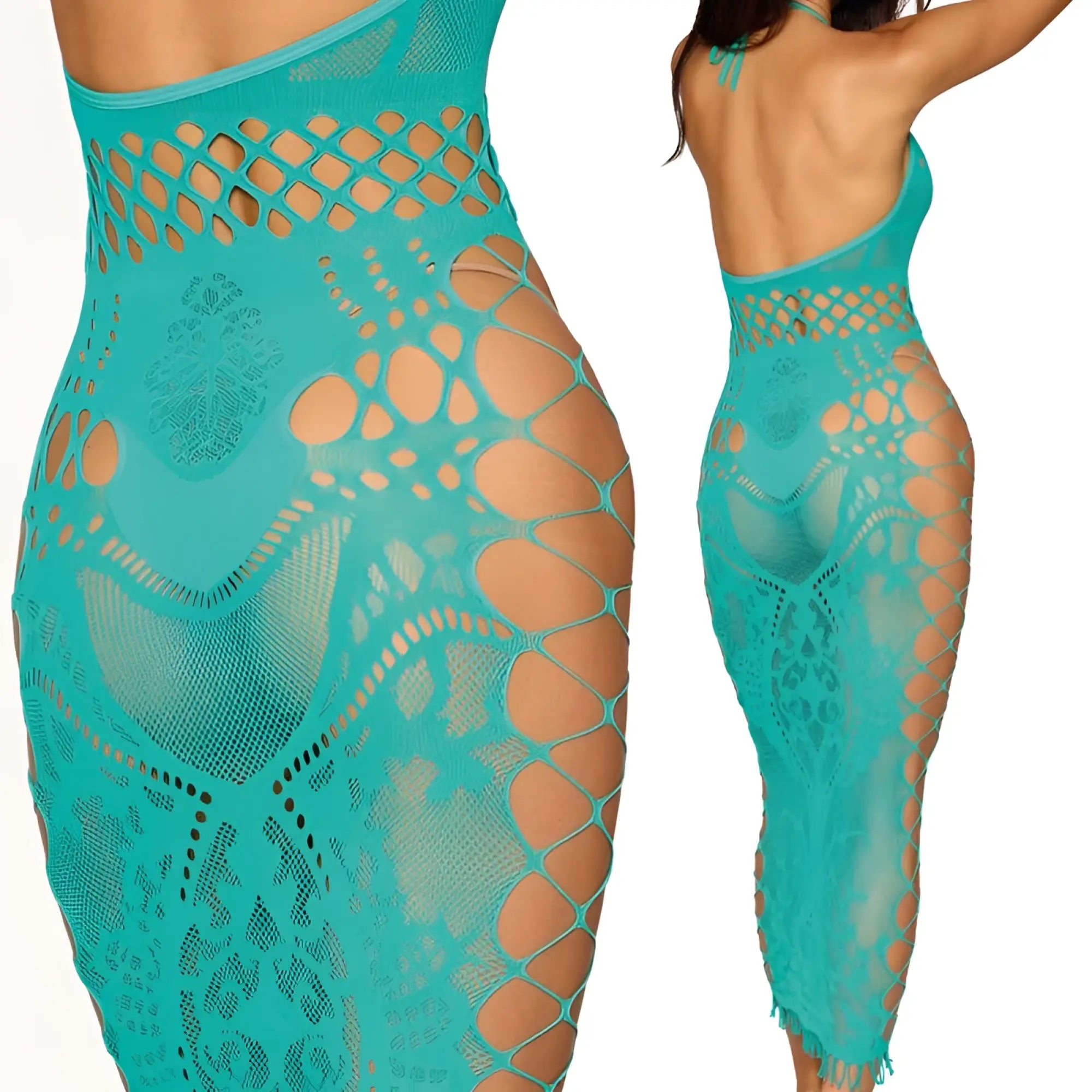 Dreamgirl agate bodystocking gown turquoise mesh bodycon dress with lace pattern and fringed hem one size