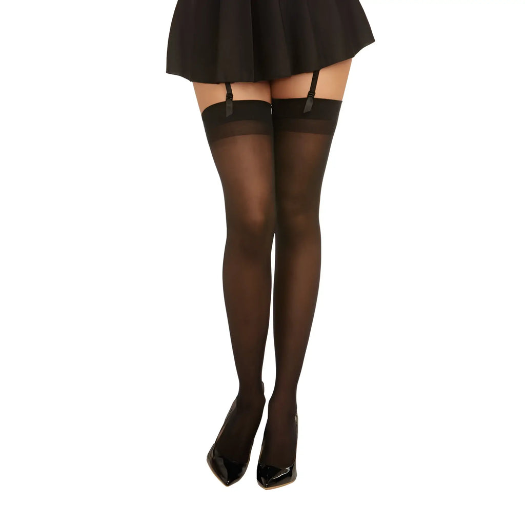 Black sheer back seam thigh high stockings with elastic bands and adjustable garters by dreamgirl one size