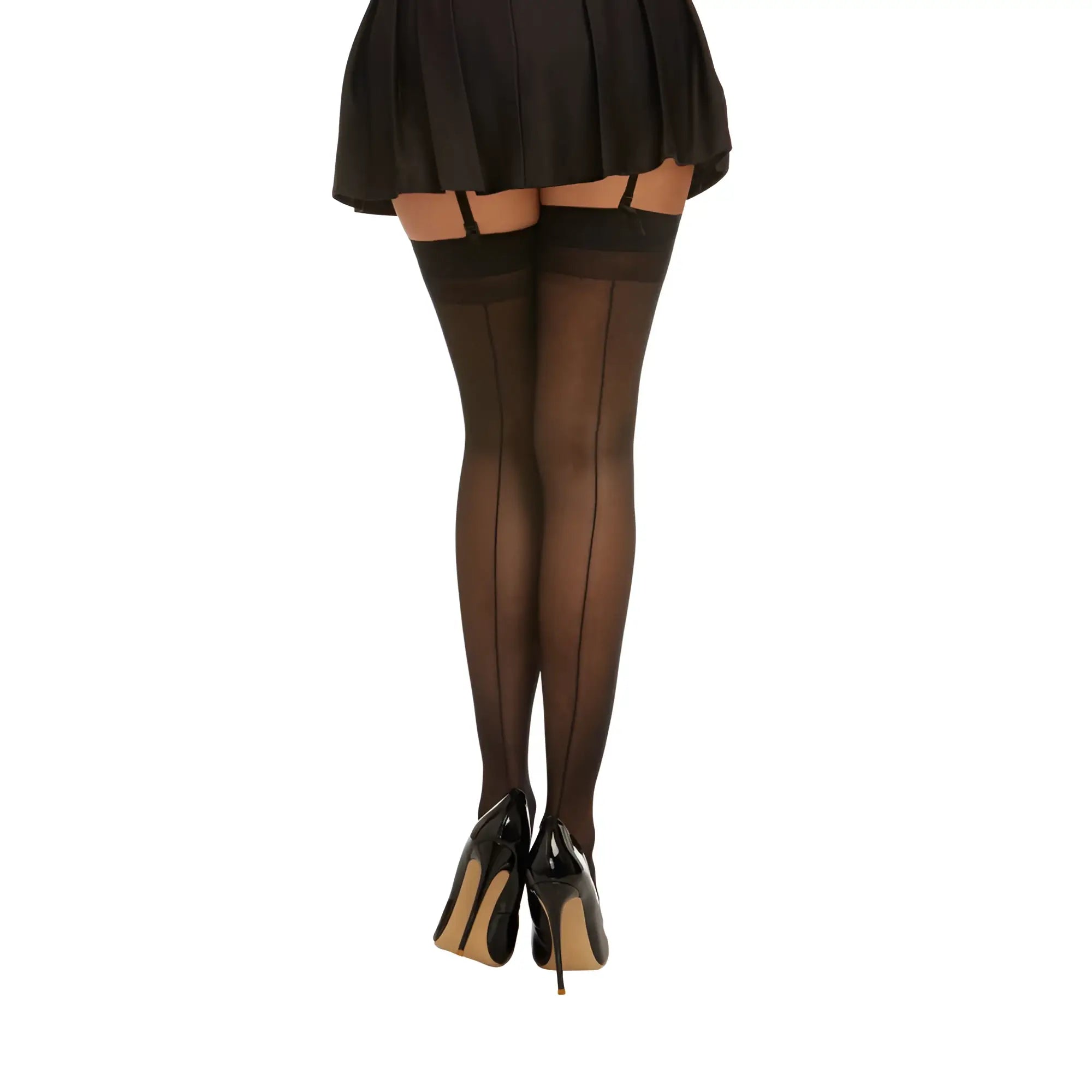 Black sheer thigh high stockings with a solid black band and garter straps by Dreamgirl in one size