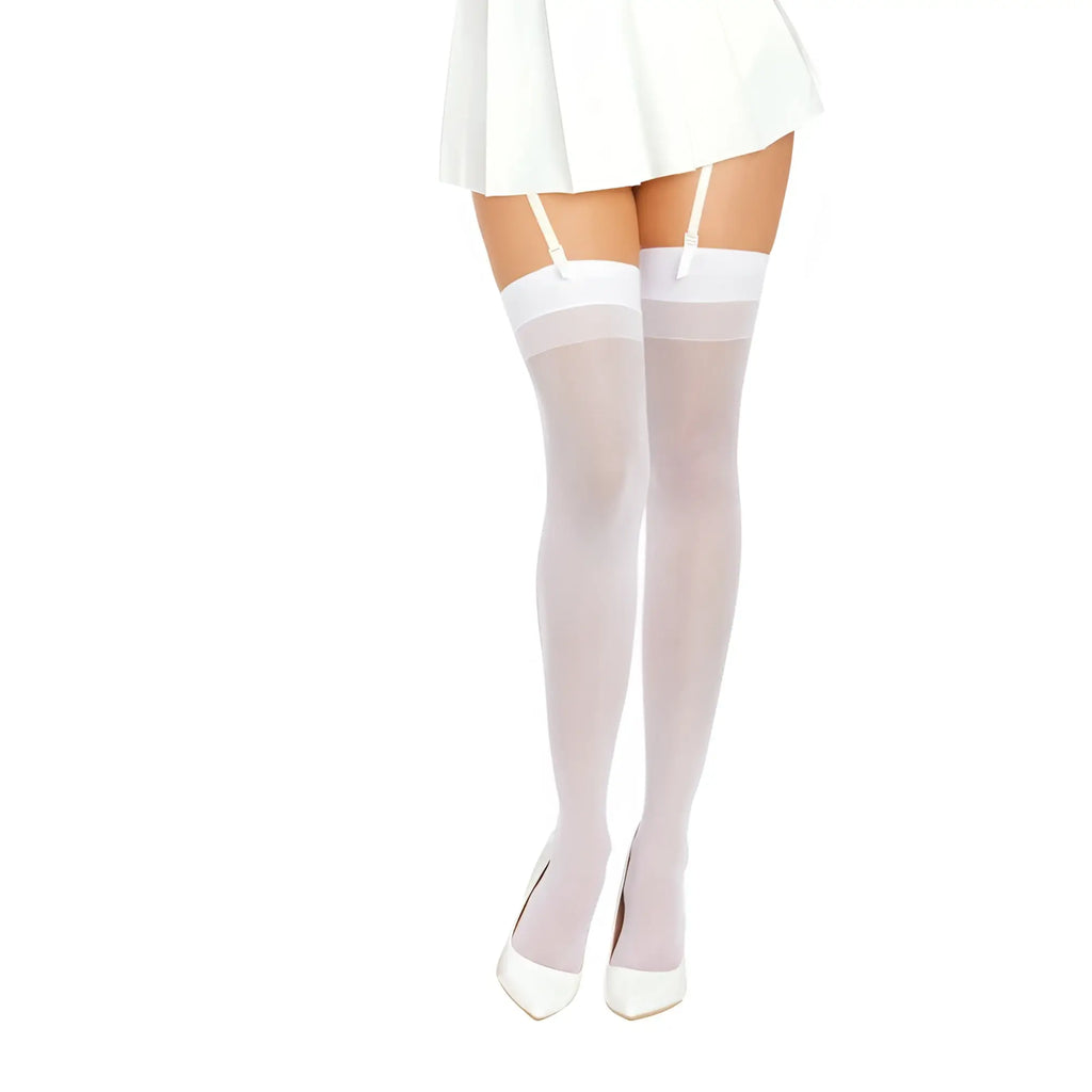 White sheer thigh high stockings with white elastic bands and adjustable garters by dreamgirl in one size