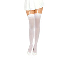 White sheer thigh high stockings with white elastic bands and adjustable garters by dreamgirl in one size