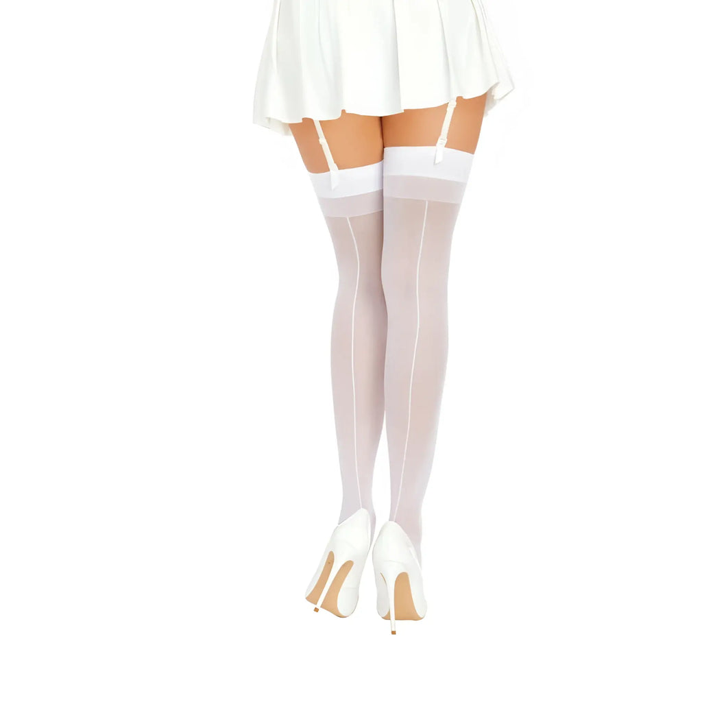 Dreamgirl back seam sheer white thigh high stockings with solid band and matching garter straps one size