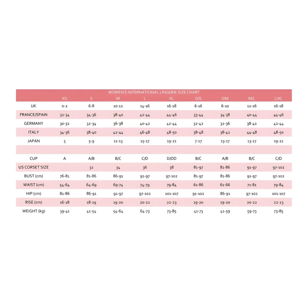 Women’s international lingerie size chart with measurements for dreamgirl fishnet peek-a-boo teddy black one size