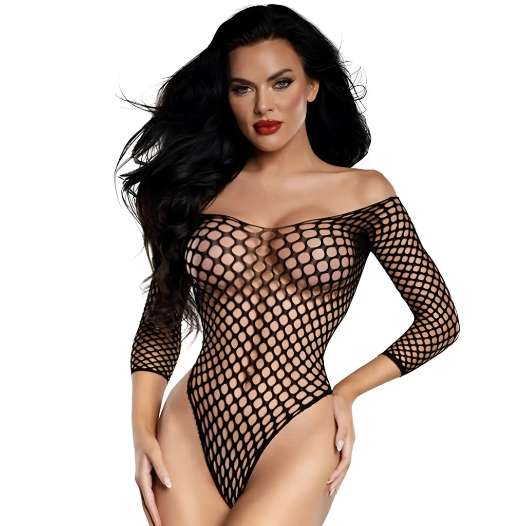 Dreamgirl fishnet off the shoulder bodysuit black one size with three quarter sleeves and a form fitting design