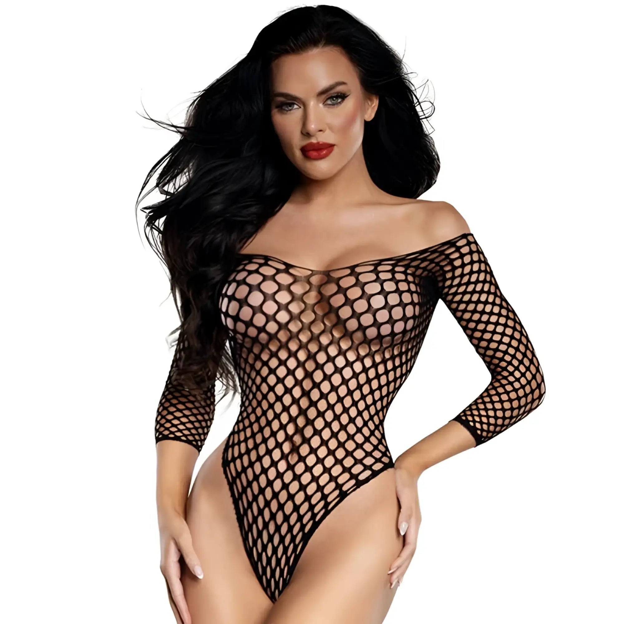 Dreamgirl fishnet off the shoulder bodysuit black one size with three quarter sleeves and a form fitting design