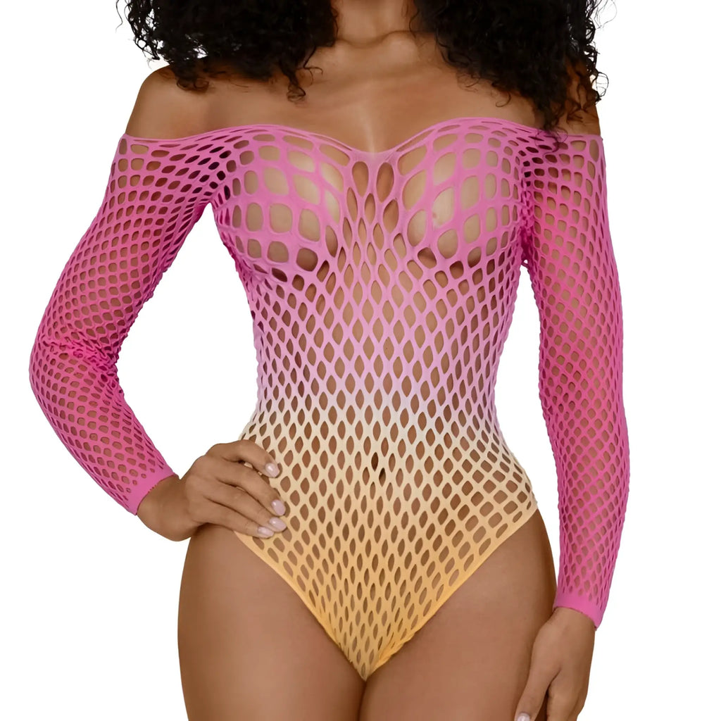 Dreamgirl fishnet off the shoulder ombre bodysuit in pink to yellow gradient with long sleeves one size