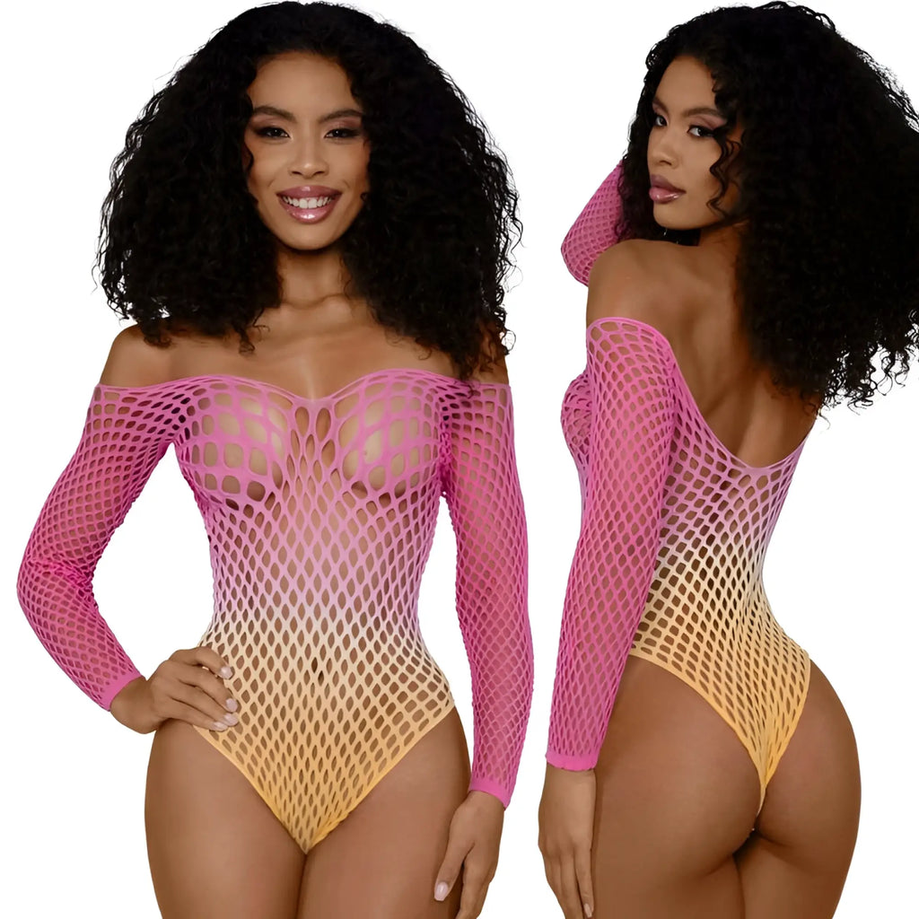Dreamgirl fishnet off the shoulder ombre bodysuit in vibrant pink to yellow gradient mesh with long sleeves