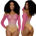Dreamgirl fishnet off the shoulder ombre bodysuit in vibrant pink to yellow gradient mesh with long sleeves