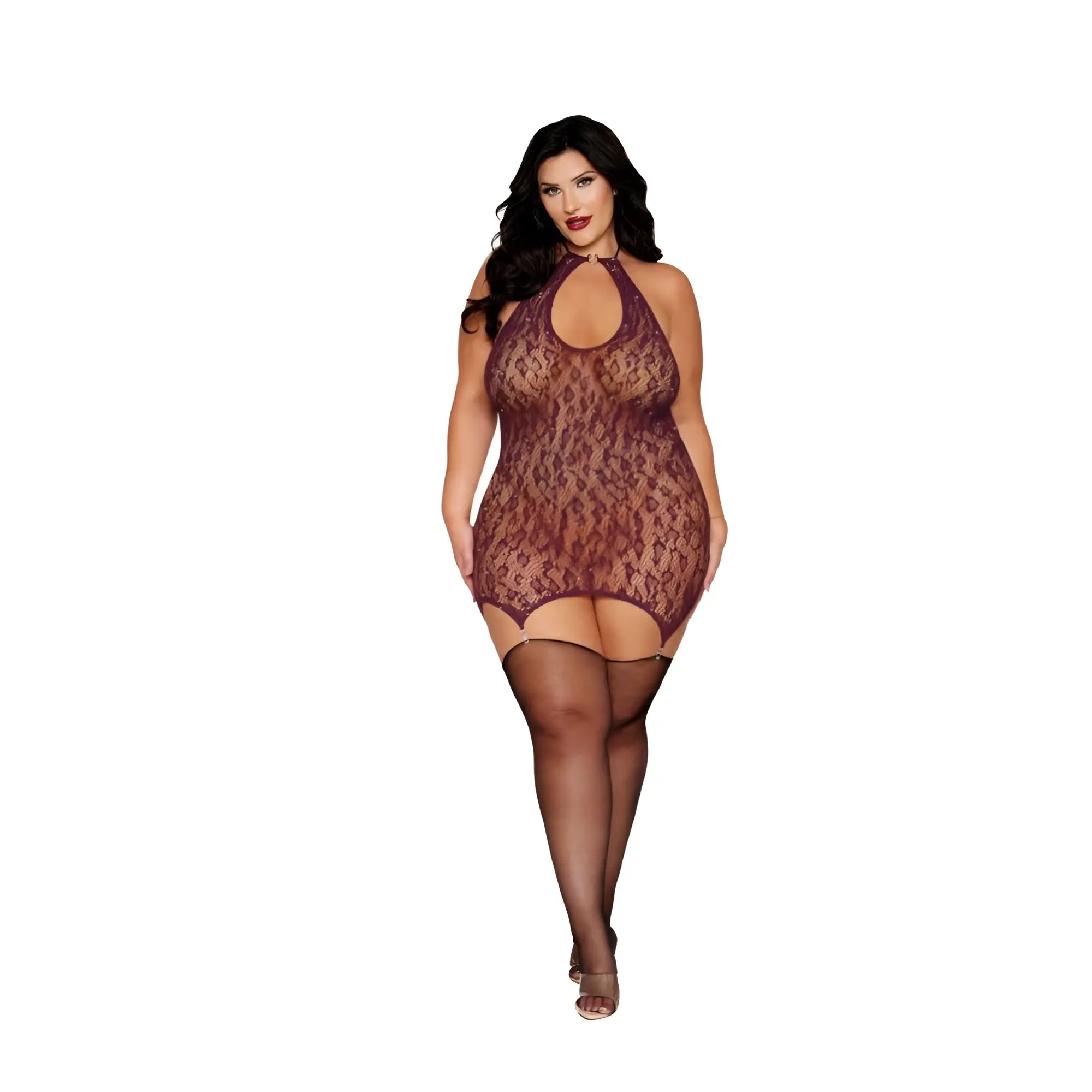 A plus-size woman wears a sheer deep purple lace halter bodysuit with matching garter belt Dreamgirl garter slip burgundy