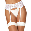 White lace garter belt with matching satin thong and adjustable straps from dreamgirl in one size