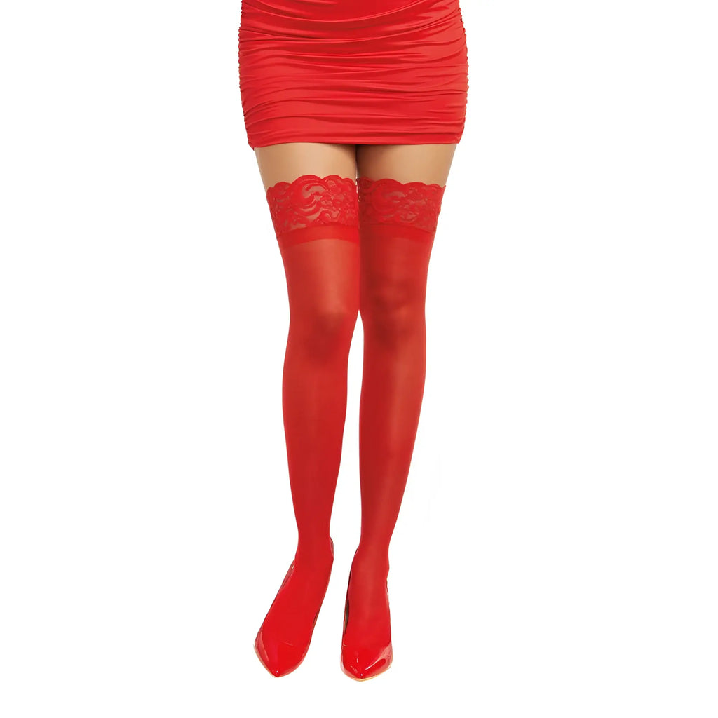Dreamgirl lace top thigh high stockings in red sheer fabric with lace trim one size for elegant wear