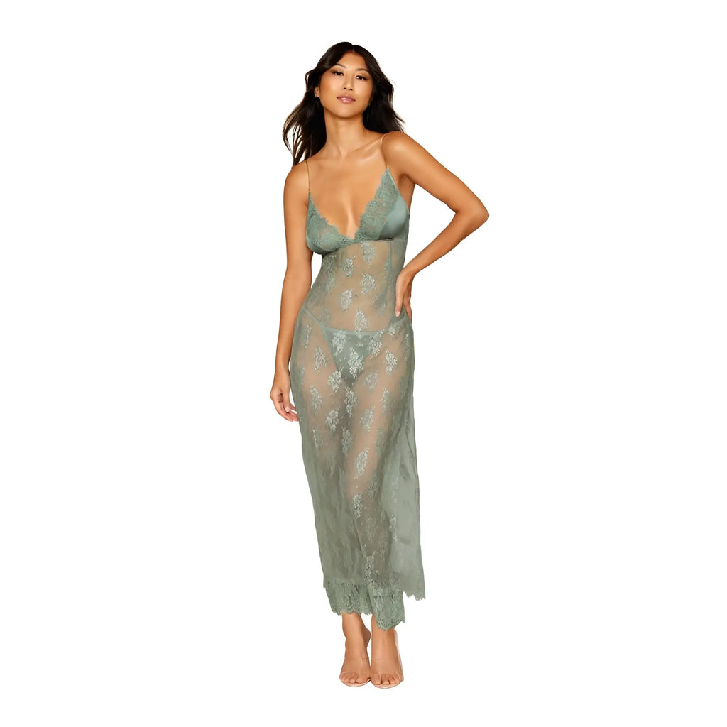 Dreamgirl long sage green lace chemise with sheer overlay floral patterns and matching g-string for elegant nighttime wear