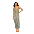 Dreamgirl long sage green lace chemise with sheer overlay floral patterns and matching g-string for elegant nighttime wear