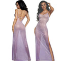 Sheer lavender DreamGirl ombre glitter mesh gown with sparkling finish and delicate spaghetti straps in L XL
