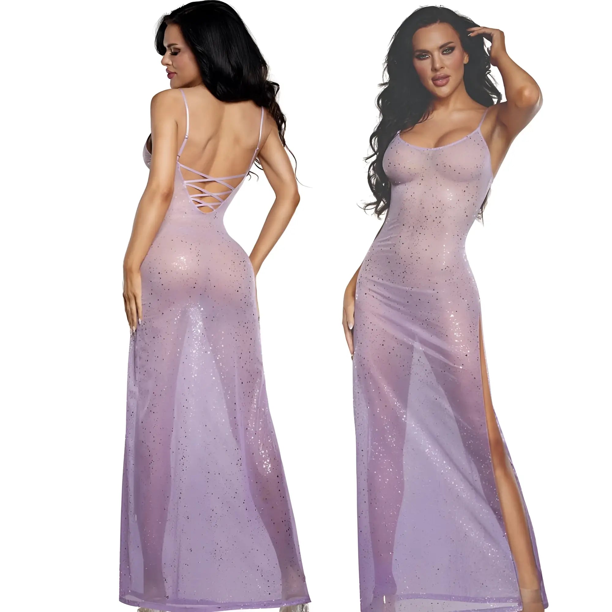 Sheer lavender DreamGirl ombre glitter mesh gown with sparkling finish and delicate spaghetti straps in L XL