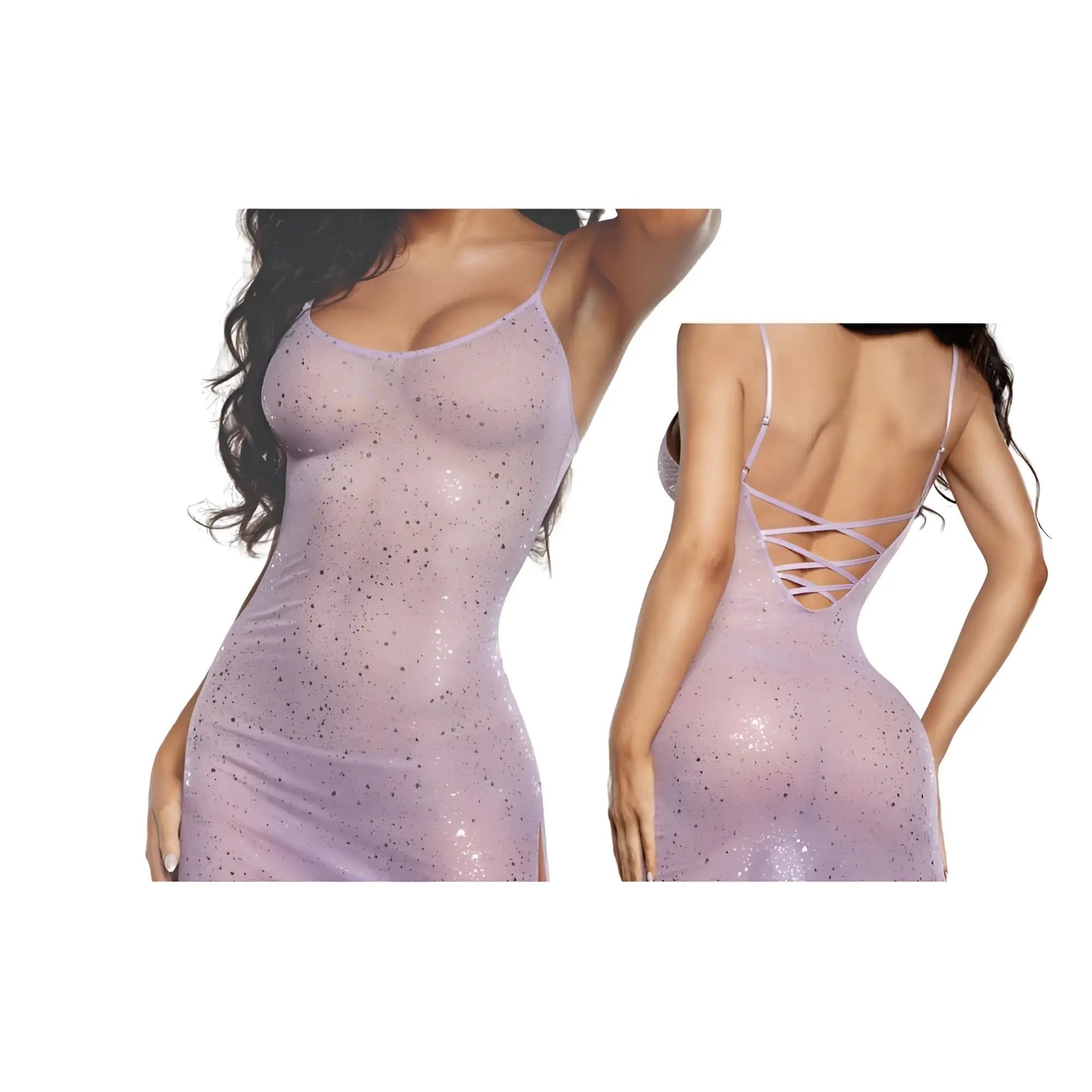 Back view of a dreamgirl ombre glitter mesh gown lilac sheer lavender slip dress with sparkling finish and open back design