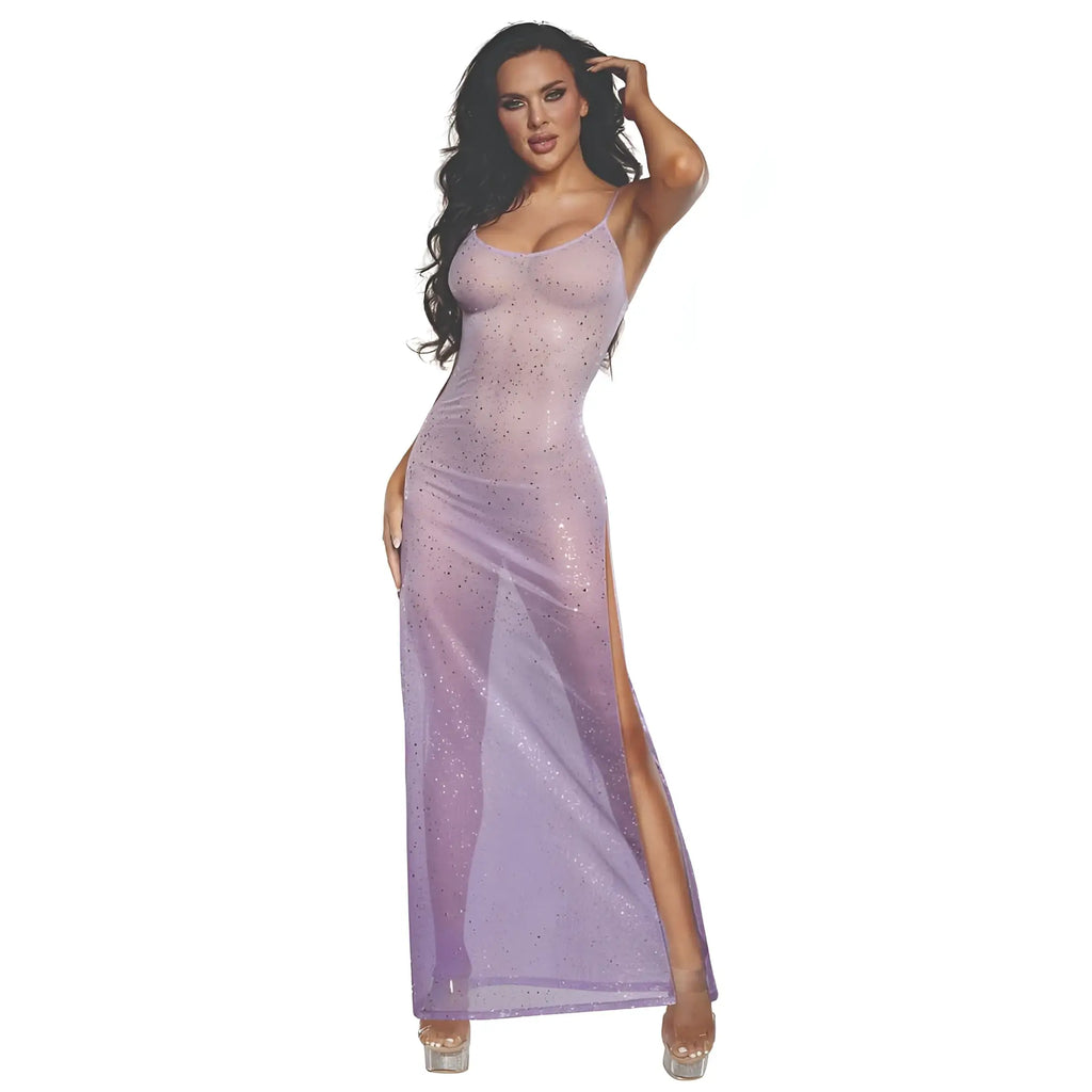Sheer lavender DreamGirl ombre glitter mesh gown with high slit and sparkling details in lilac color size S/M