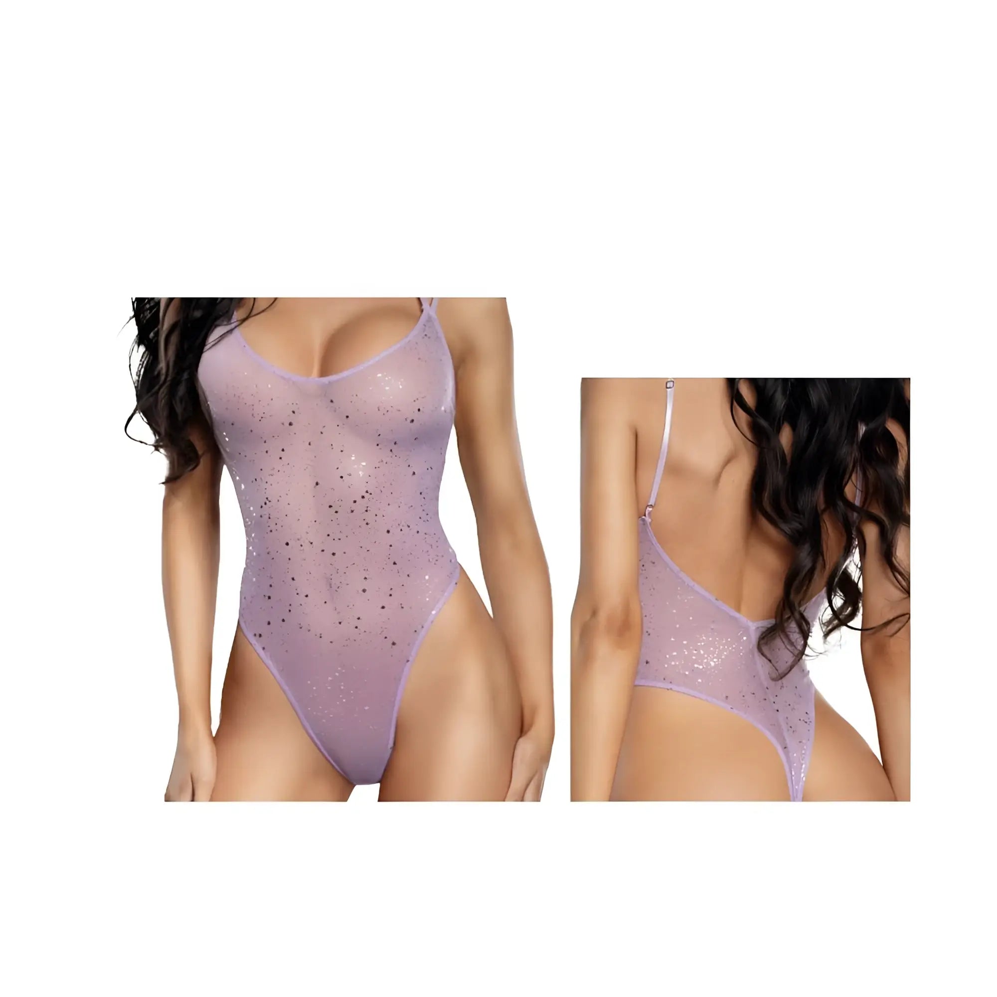 Dreamgirl ombre glitter mesh teddy lilac sheer lavender bodysuit with high-cut legs and black sequins details
