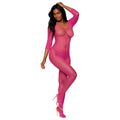 A vibrant pink full-body mesh bodysuit with three-quarter sleeves and scoop neckline by Dreamgirl