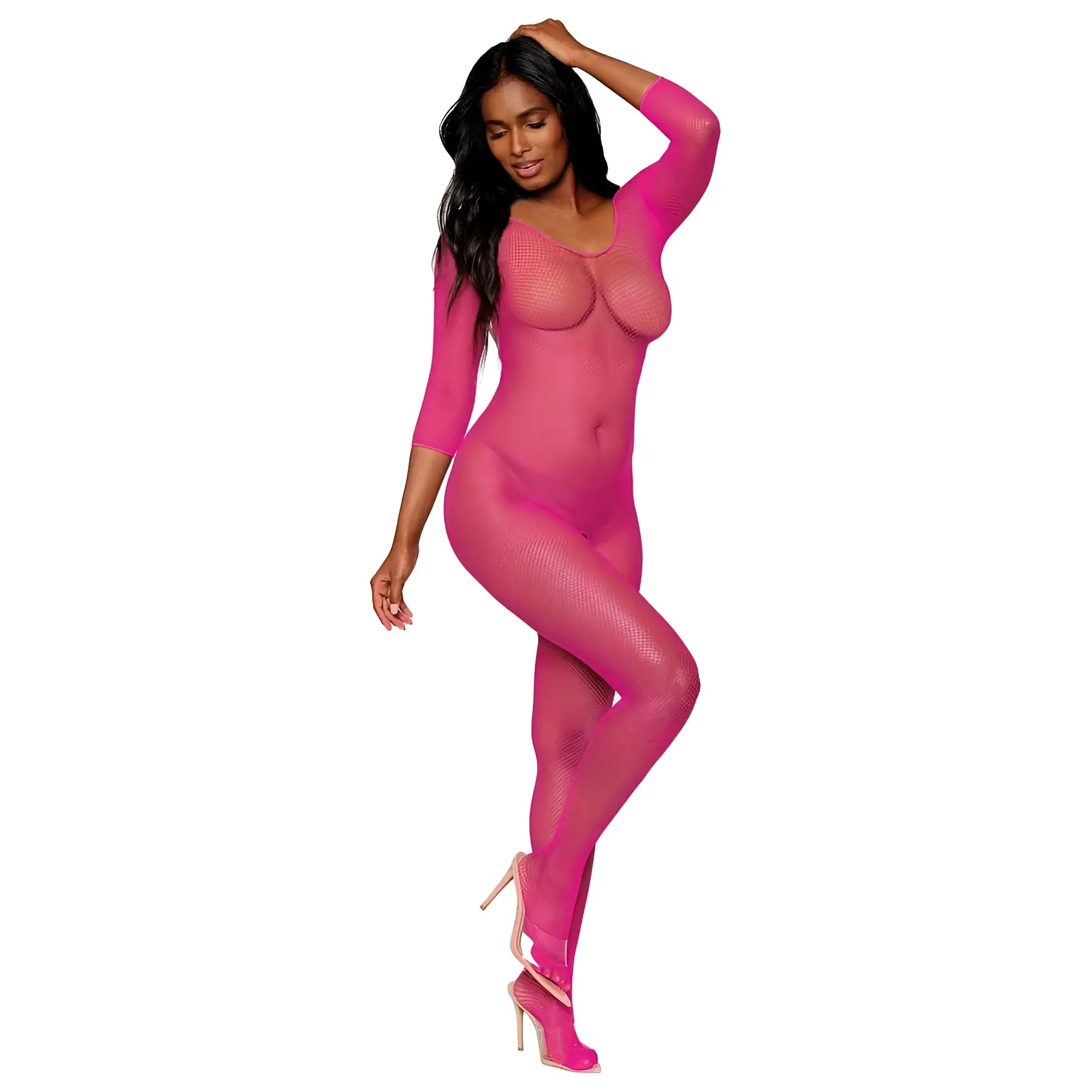 A vibrant pink full-body mesh bodysuit with three-quarter sleeves and scoop neckline by Dreamgirl